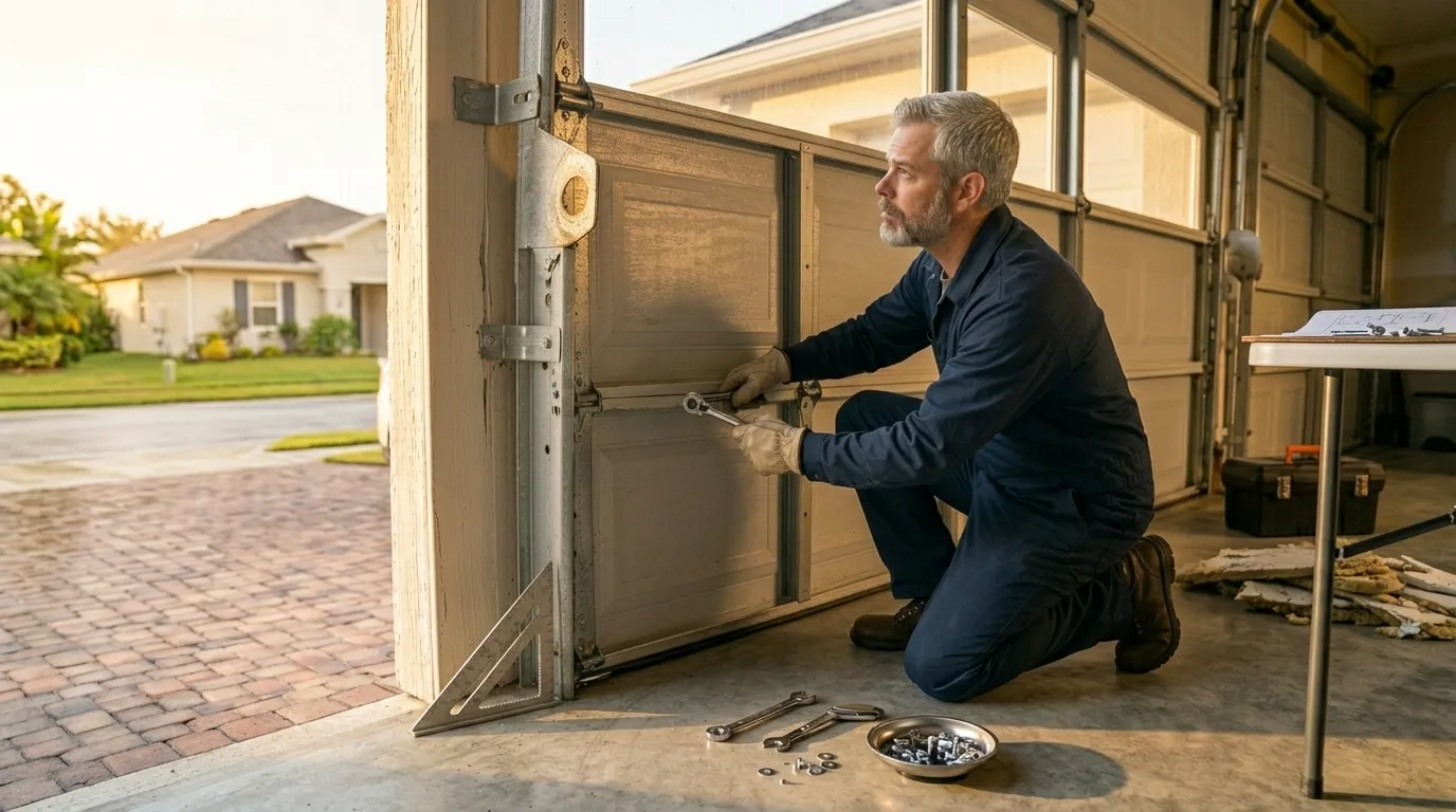 Garage door technician repairing an older residential garage door in Schaumburg Illinois