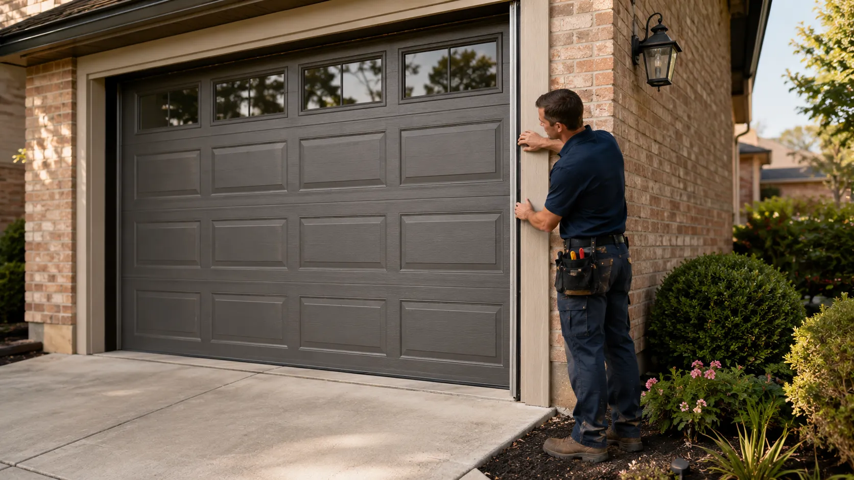 Garage door technician inspecting springs rollers tracks and opener in Schaumburg Illinois
